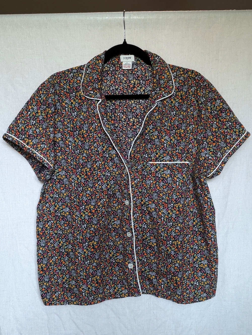 J crew floral black orange piped button up shirt size large 100% cotton